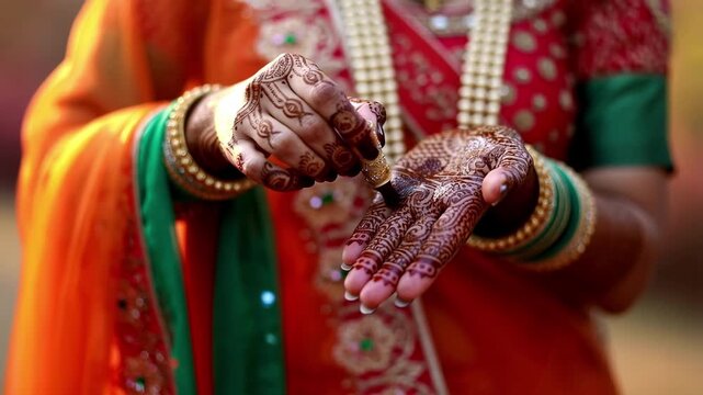 Indian bride applying henna design on hands during traditional wedding ceremony celebration