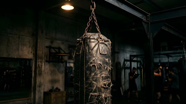Old leather punching bag hanging in a dark professional boxing gym