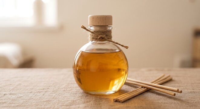 Essential Oil Reed Diffuser with Amber Liquid in Glass Bottle