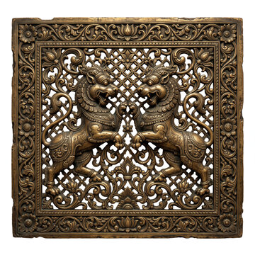 Square Carved Relief Panel with Facing Lions, Floral Scrollwork, and Ornamental Border