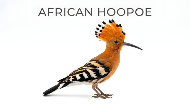 An African Hoopoe bird with its crest up, showcasing its distinct orange and black plumage, standing against a clean background.