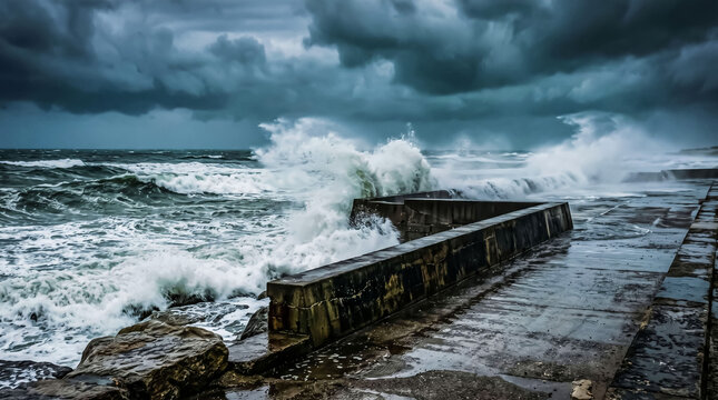 Powerful ocean waves crashing against a concrete pier during a stormy dark sky weather event