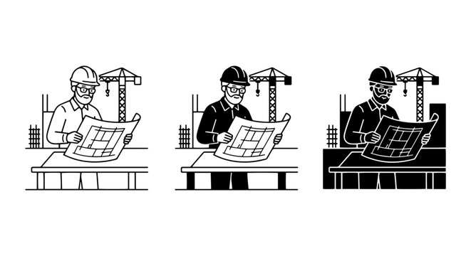 Architectural Blueprint Review, Construction Planning Icons, Engineer Project Design Set