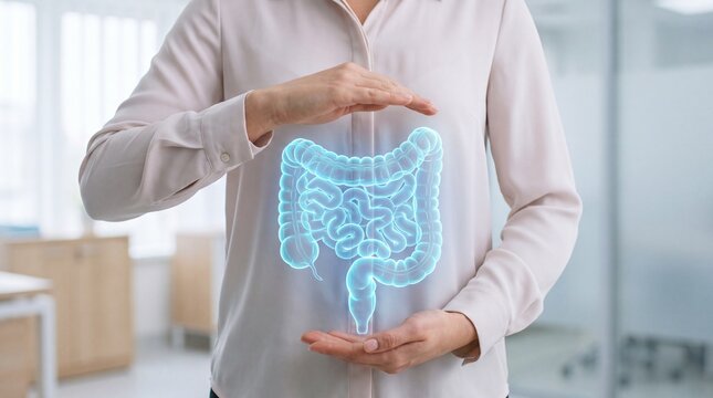 Protecting gut health Holographic digital digestive system model, Modern healthcare and gastrointestinal wellness
