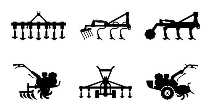 Agricultural Equipment Silhouettes: Farming Tools, Tillage Machines, Cultivators, Tillers, Plows