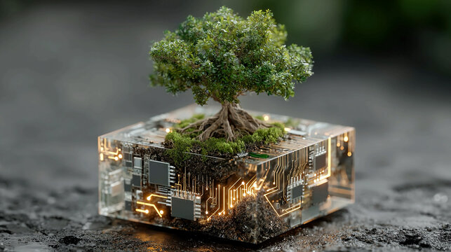 Green tree growing from soil atop a glowing circuit board cube, symbolizing digital technology growth, eco-innovation, and sustainable computing in a futuristic connected network environment,