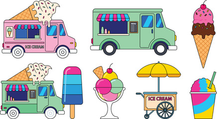 Fototapeta premium Colorful Ice Cream Truck and Summer Dessert Vector Set with Popsicles Sundaes Snow Cones and Street Food Carts for Graphic Design Elements