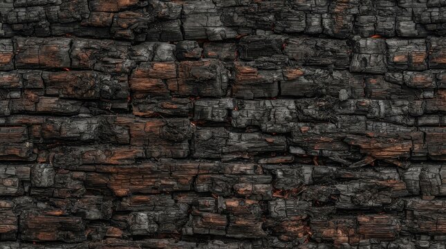 Close up of charred wood texture with cracked surface