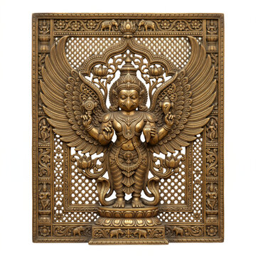 Tall Carved Winged Figure Relief Panel with Floral Lattice and Ornamental Architectural Borders