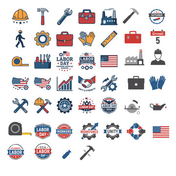 Labor Day American Workers Tools and Construction Vector Icon Collection