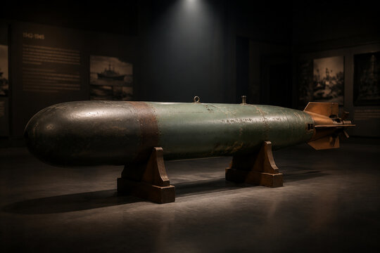 Decommissioned naval torpedo on wooden display cradles in museum, naval history concept