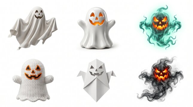 Diverse collection of Halloween ghost characters featuring various styles including classic sheet ceramic knitted origami and smoky designs isolated on white for spooky seasonal projects