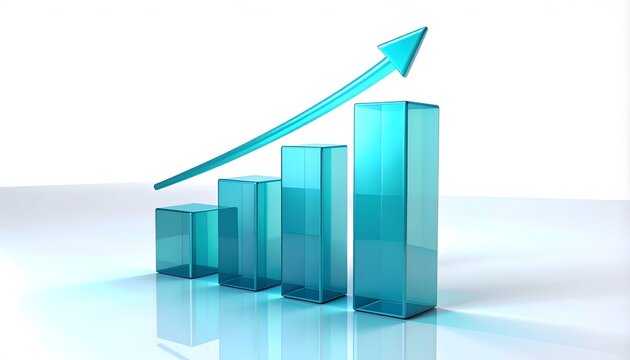 Transparent blue bars of increasing height with a curved upward arrow, symbolizing business growth, rising performance, market expansion, financial progress, and achievement.
