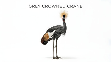 Naklejka premium A grey crowned crane standing tall with its distinctive golden crown and long legs. The bird has a grey body with white and brown accents
