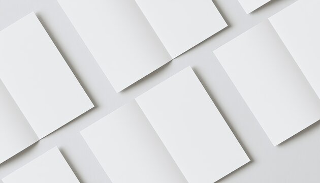 Multiple blank white brochures or folded leaflets arranged on a light surface