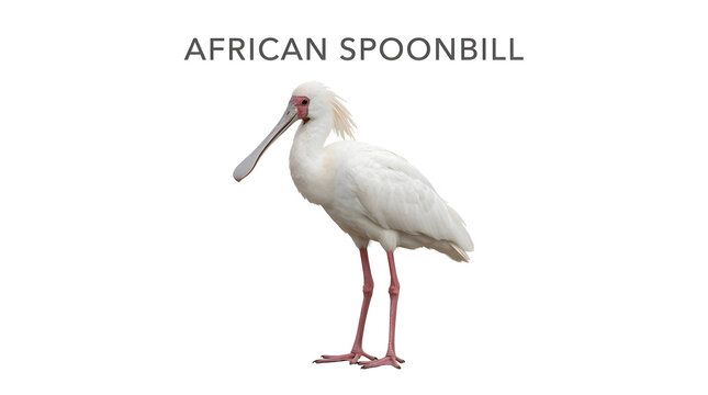 An African Spoonbill bird, known for its distinctive spatulate bill, stands tall against a clean background. This elegant avian creature showcases its unique feeding adaptation