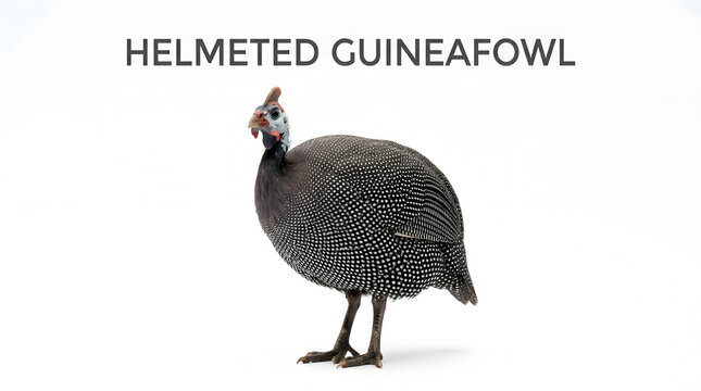 A domestic guinea fowl, also known as a helmeted guinea fowl, stands on a white background