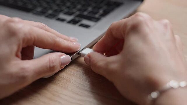 Person inserting USB flash drive into laptop computer for data transfer and file storage
