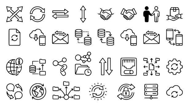 Exchange Transfer Communication and Data Sharing Linear Icon Collection