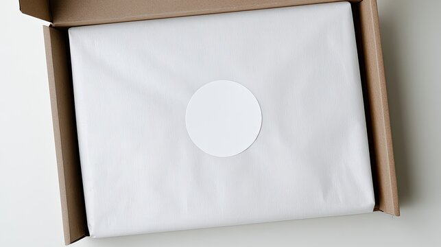 Open cardboard box with white tissue paper and blank circular sticker