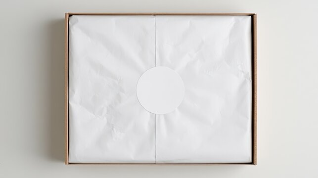 Cardboard box with crumpled white tissue paper, sealed with round sticker