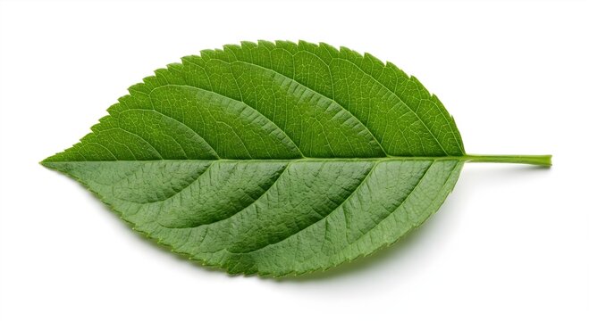 single fresh tropical leaf, lush natural green color, detailed veins and organic texture, realistic botanical structure, isolated object, centered composition, clean white background, soft diffused st