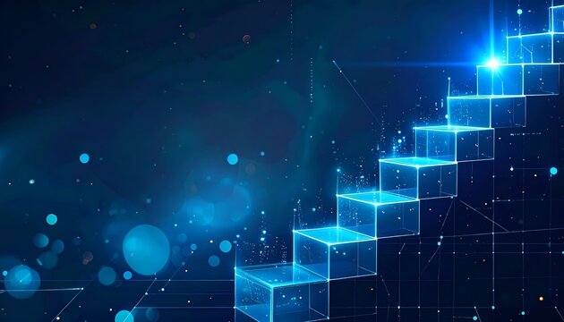 Futuristic glowing staircase made of transparent cubes rising through a digital space, symbolizing progress, success, growth, innovation, and a journey toward greater opportunities.