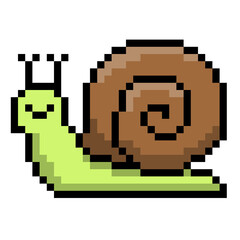 Cute Green Snail with Brown Shell Pixelated Vector Illustration Game Asset © Mukhamat