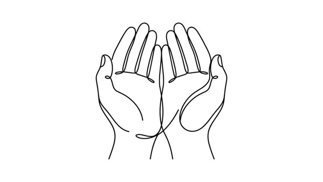 Minimalist continuous line drawing of two open human hands held together.