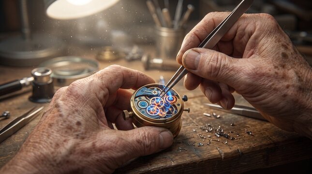 Close-up photography of senior hands repairing a futuristic glowing gear mechanism with tweezers, suitable for precision engineering and time-travel concepts, hyper-realistic steampunk style