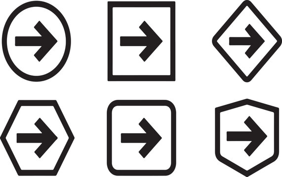 Arrow inside various geometric shapes including circles squares and polygons representing digital interface elements and navigation buttons isolated on a clean white background for design projects.