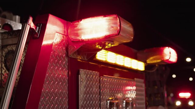 Close Up of Fire Engine Side Emergency Lights Flashing at Night