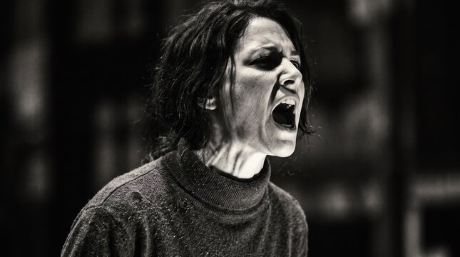 Emotional Woman Screaming in Black and White Dramatic Portrait