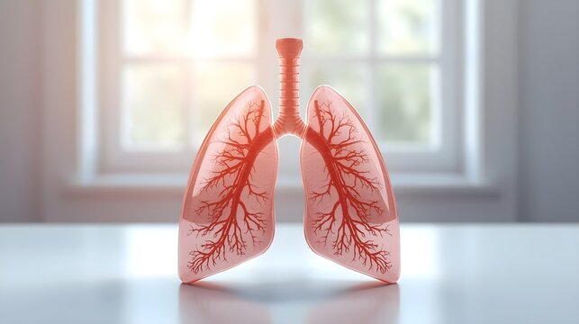 Human respiratory system lungs displaying inner bronchial tree and alveoli clusters glowing against plain white backdrop showing internal breathing organ anatomy structures