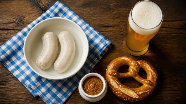 Bavarian Flat Lay with Weisswurst in Bowl, Pretzel, Sweet Mustard and Wheat Beer on Blue Checkered Cloth and Rustic Wood, Oktoberfest