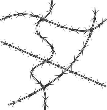 Barbed wire vector illustration, tangled metal wire fence elements, sharp steel protective barrier graphic for security and prison concepts