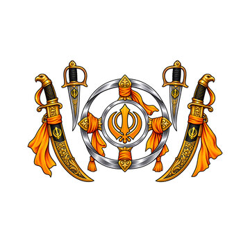 Sikh Khanda emblem with ceremonial kirpan swords. Traditional Punjabi religious symbol. Golden sikhism weaponry illustration on white.
