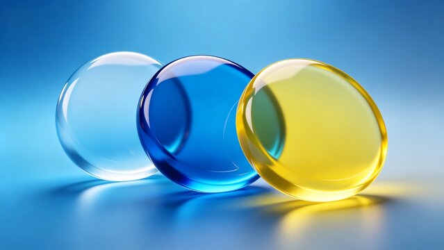 Overlapping transparent optical lenses in blue yellow and clear colors on luminous blue background