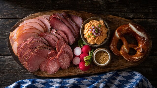 Bavarian Flat Lay Charcuterie Board with Sliced Cold Cuts, Obatzda, Radishes, Mustard and Pretzel on Dark Wood, Oktoberfest Food Platter