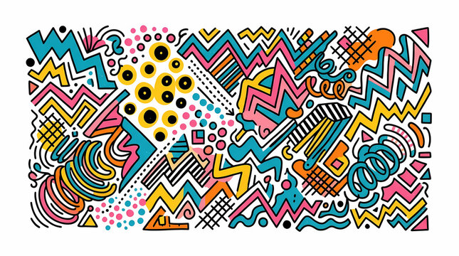 Vibrant artistic doodle composition featuring diverse geometric shapes and colorful hand drawn textures for creative surface decoration projects and lively patterns to decorate various printed
