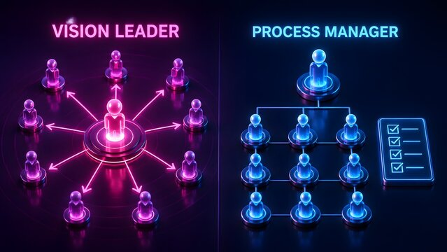 Vision Leader Versus Process Manager Leadership Structure Neon Comparison