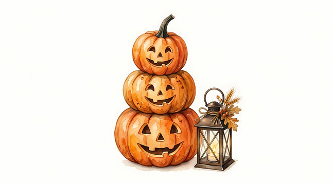 Stacked orange pumpkins with carved faces for autumn celebrations beside an old metal lantern featuring seasonal foliage decor to enhance harvest themes and festive home displays during the fall