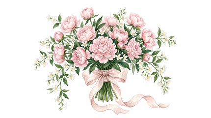 Obraz premium A lush arrangement of soft pink peony blossoms gathered into a festive bouquet tied with silk ribbon for seasonal celebration and weddings representing natural beauty and romantic floral