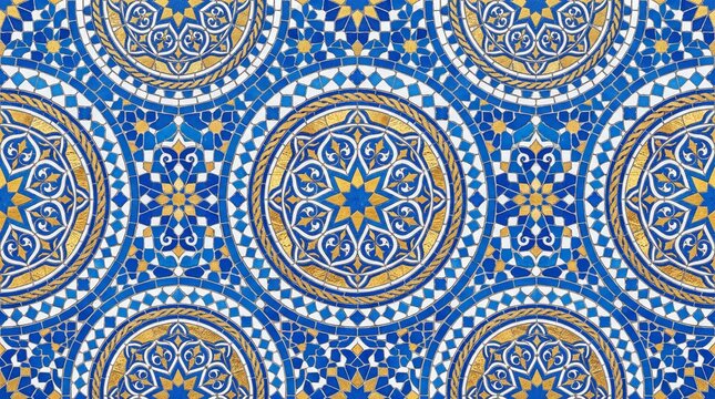 Intricate Moroccan mosaic pattern, blue and gold ceramic tile background, traditional Arabic geometric ornament for interior design