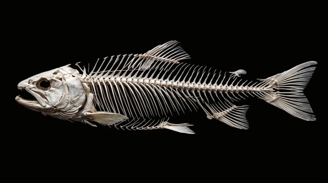 Detailed Fish Skeleton Isolated on Black Background Studio Shot.