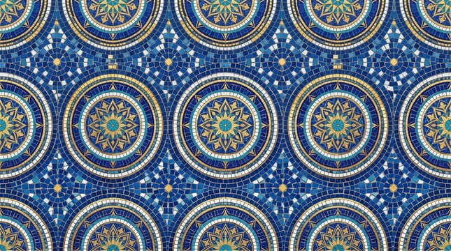 Intricate blue mosaic tile pattern, traditional Moroccan ceramic mandala design, ornate geometric zellige wall art texture