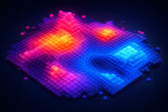 Colorful voxel data heatmap with peaks representing multidimensional analytics