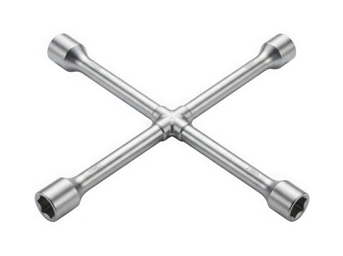 silver metal four way lug wrench cross spanner tool isolated on transparent background
