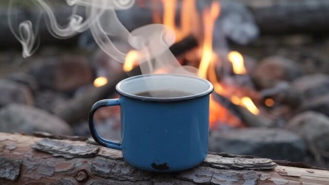 Steaming drink in chipped blue enamel camping mug on bark-covered firewood, blurred campfire, cool evening wilderness survival moment.