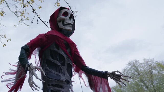 Low Angle View of Hooded Skeleton Halloween Decoration